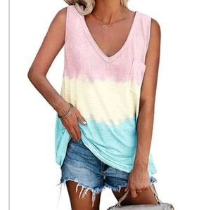 V Neck Tri Color Tank Top Summer Blouse Womens NEW Sleeveless Pink Ombre